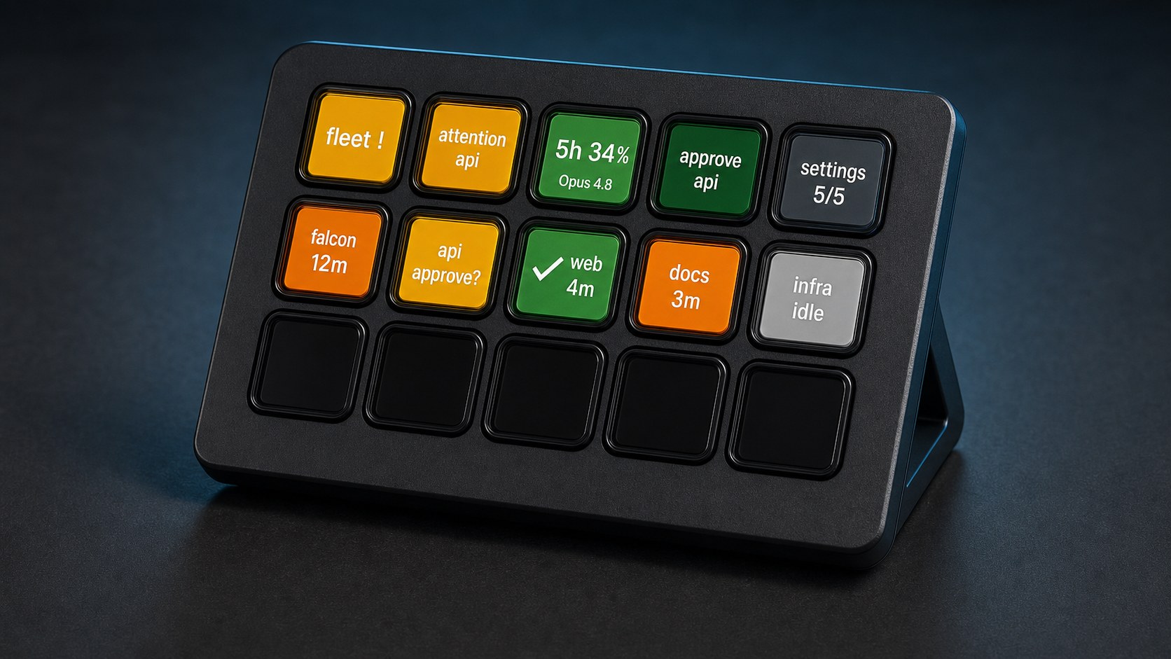 A Stream Deck MK.2 running Jetstream: 15 keys showing a live Claude Code status board — fleet and attention amber, an Opus usage gauge and web done in green, falcon and docs working in orange, approve and settings keys, infra idle in gray, bottom row unlit