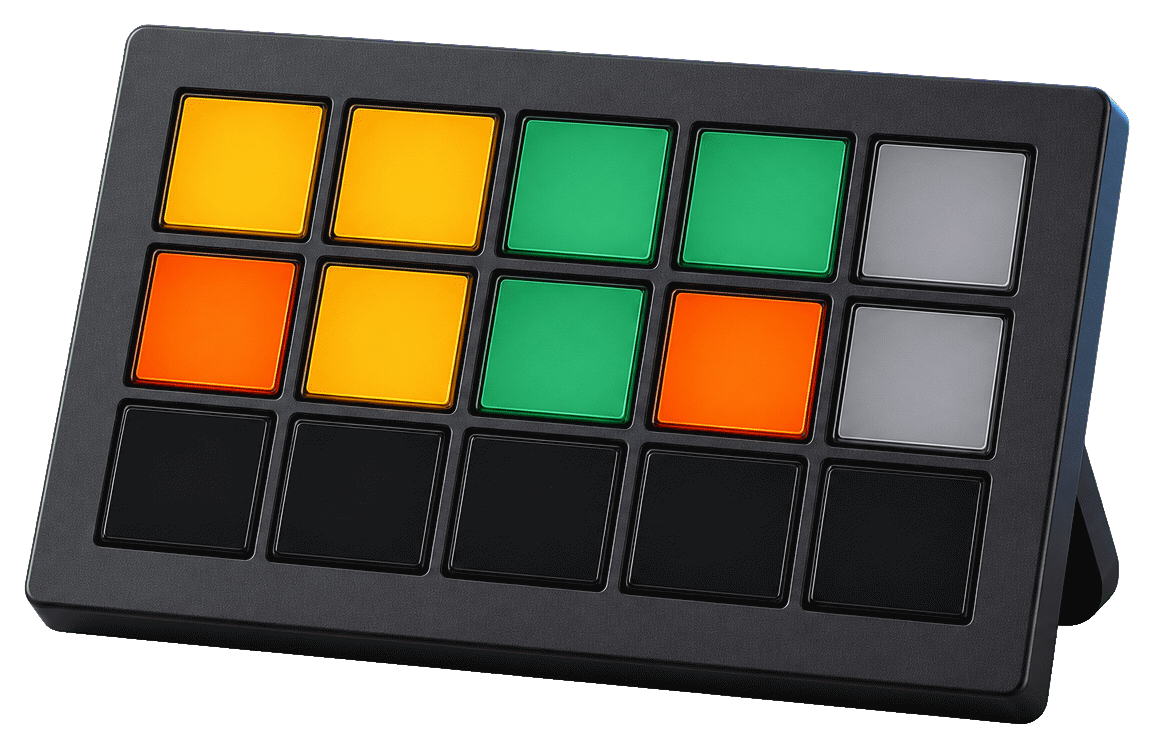 A 15-key deck standing on a desk stand, its top two rows lit amber, orange, green and grey, the bottom row unlit